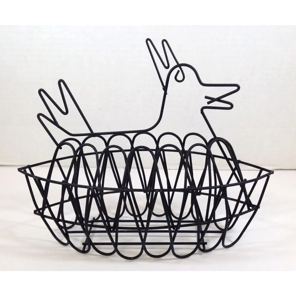 Vtg Wire Chicken Hen Egg Basket Black Farmhouse Country Homestead Kitchen 11x5x9